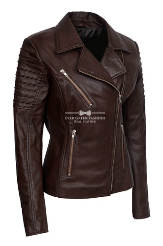 Damas Moda Chaqueta de Cuero Marrón Elegante Estilo Motociclista 100% Cuero Real 9334 - Imagen 2 de 6