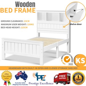White Bed Frame Solid Timber King Single Bed W Bookshelf Close