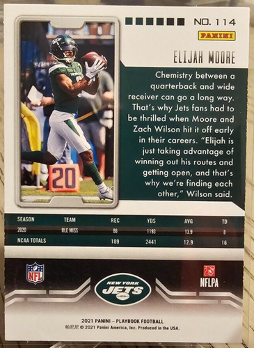 2021 Panini Playbook Elijah Moore RC #114 New York Jets - Picture 2 of 2