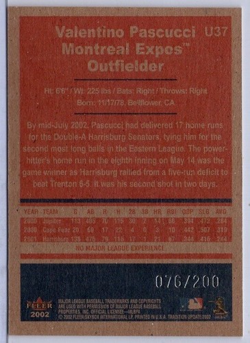 2002 Fleer Tradition Update Glossy #U37 Valentino Pascucci #'d 076/200 - Picture 2 of 2