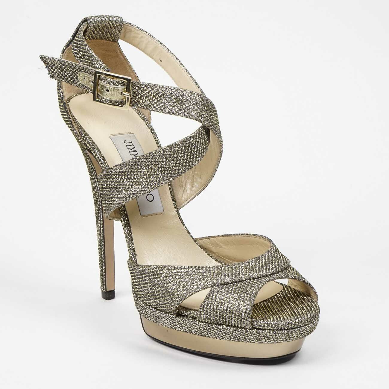 Äkta JIMY CHOO Kuki guld Glitter Platform Strappy Sandals klackar UK 4.5 Äkta JIMY CHOO Kuki guld Glitter Platform Strappy Sandals klackar UK 4.5