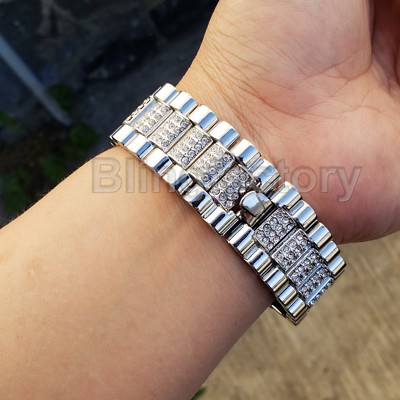 Hip Hop Iced Silver PT Migos Bling BIG CZ Rapper Style Metal Band Wrist Watch