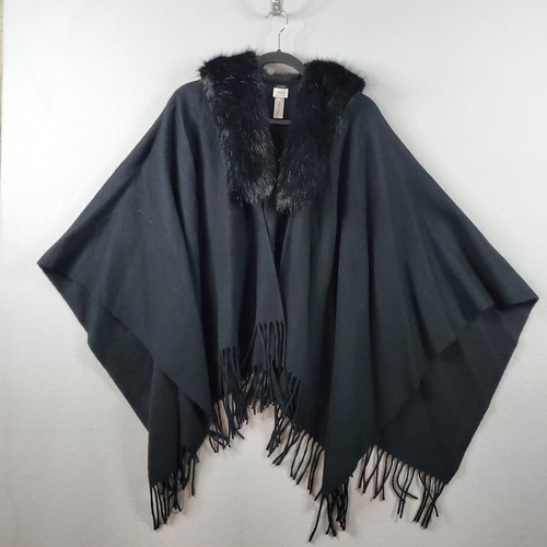 J. Rundhalsausschnitt schwarz Wolle Halstuch Schal Poncho Kunstfellkragen schick Damen Einheitsgröße - Bild 1 von 12