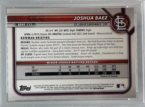 Joshua Baez 2022 Bowman 1st Edition 1st Bowman Cardinals #BPPF-112 PSA 9 POP 2 - Bild 6 von 6