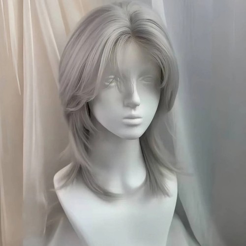 Lolita Synthetic Wig Forehead Lace Wolf Tail Short Curly Hair Silver Grey Unisex - Picture 2 of 12