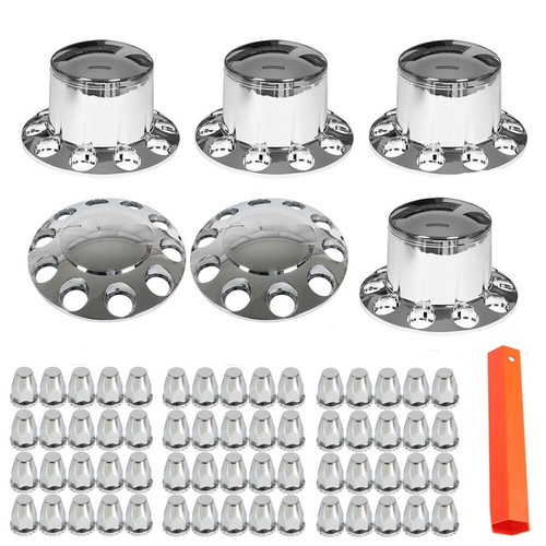 Front & Rear Complete Chrome Hub Cover Semi Truck Wheel Kit Axle Cover 33mm Lug - Picture 2 of 13