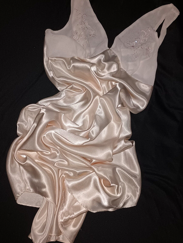 Vintage Satin seidig glänzend Chiffon rosa Perlen Nachthemd Plunge Full Gown S - Bild 7 von 12