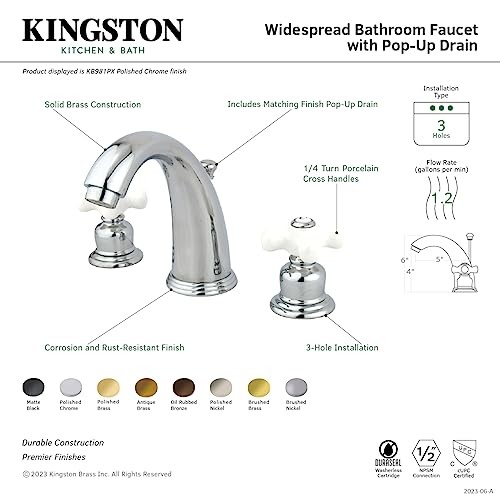 KB981PX Victorian Widespread Lavatory Faucet, Porcelain Cross Handle, Polishe... - Picture 3 of 3