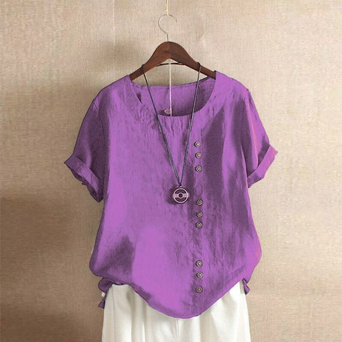 Summer Womens Cotton Linen Tunic Blouse Tops Ladies Short Sleeve Shirt Plus Size - Picture 14 of 37