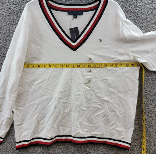 Tommy Hilfiger maglione scollo a V taglie forti donna 1x avorio multi logo manica lunga - Foto 7 di 17