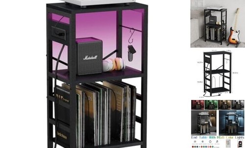 End Table with LED Light,Record Player Stand with Charging Station,Vinyl