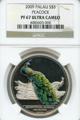 PALAU $5 DOLLARS SILVER PROOF CROWN 2009 PF-67 ULTRA CAMEO NGC PEACOCK COLORIZED