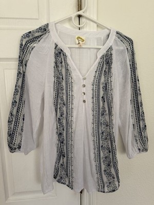 Flying Apple Tree Floral Button Tunic Blouse White Blue 3/4 Sleeve Women S
