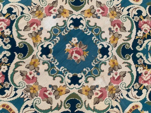 Alfombra Aubusson vintage francesa hecha a mano de 4x4 pies punta de aguja alfombra floral puntada de cadena - Imagen 4 de 12