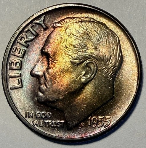 1955-P Roosevelt Dime, Choice Gem BU, Rainbow Album Toning! Silver