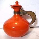 VINTAGE MID CENTURY RED WING 565 ORANGE POTTERY PITCHER with WOOD HANDLE ~ NICE