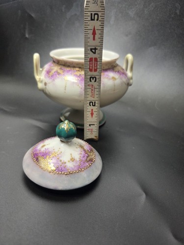 Vintage Hand Painted Porcelain Candy Dish with Lid Purple Green - Imagen 11 de 13