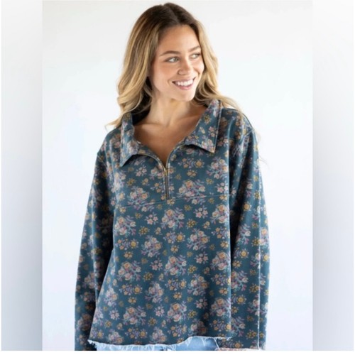 Natural Life Easy Does It Sweatshirt 1/4 zip blue floral large/x-large - Picture 2 of 7