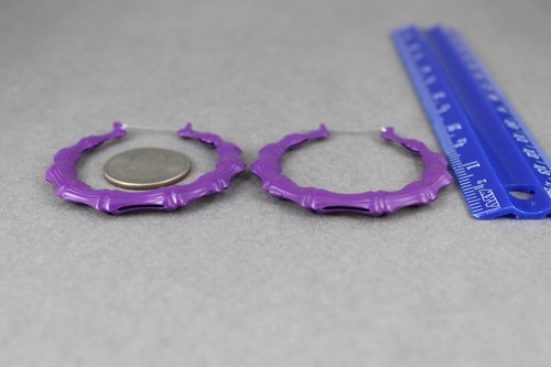 Purple hoops bamboo earrings 2 1/8" door knocker color hollow metal lightweight - Picture 9 of 13
