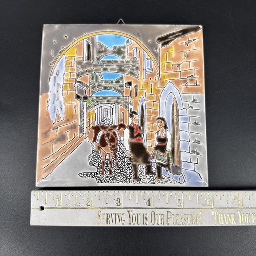 Vtg Ceramic Tile 6” City Scene KOUTOUNIS Rhodes Greece 1.8” Thick Hanging Loop - Picture 4 of 15