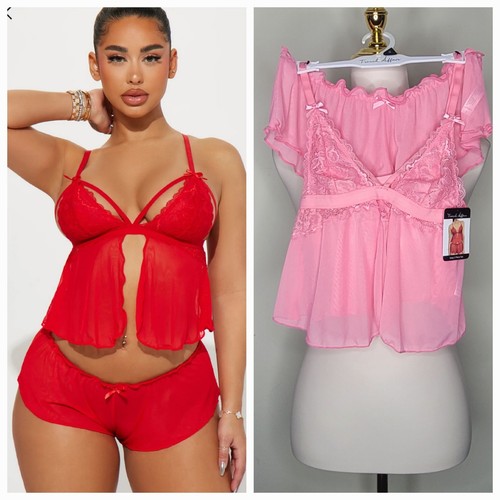 French Affair Barbie Pink Lace Lingerie PJ Short Set Coquette Babydoll Top Sz S - Picture 7 of 12