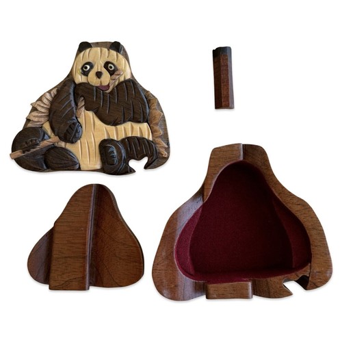 Panda Bear Bamboo Wood Secret Puzzle Box Handmade Keepsake Jewelry Trinket Box - Picture 2 of 7