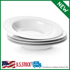 Soup Bowls, Pasta Bowl Set of 4, White Shallow Bowl Plates, Porcelain Rimmed