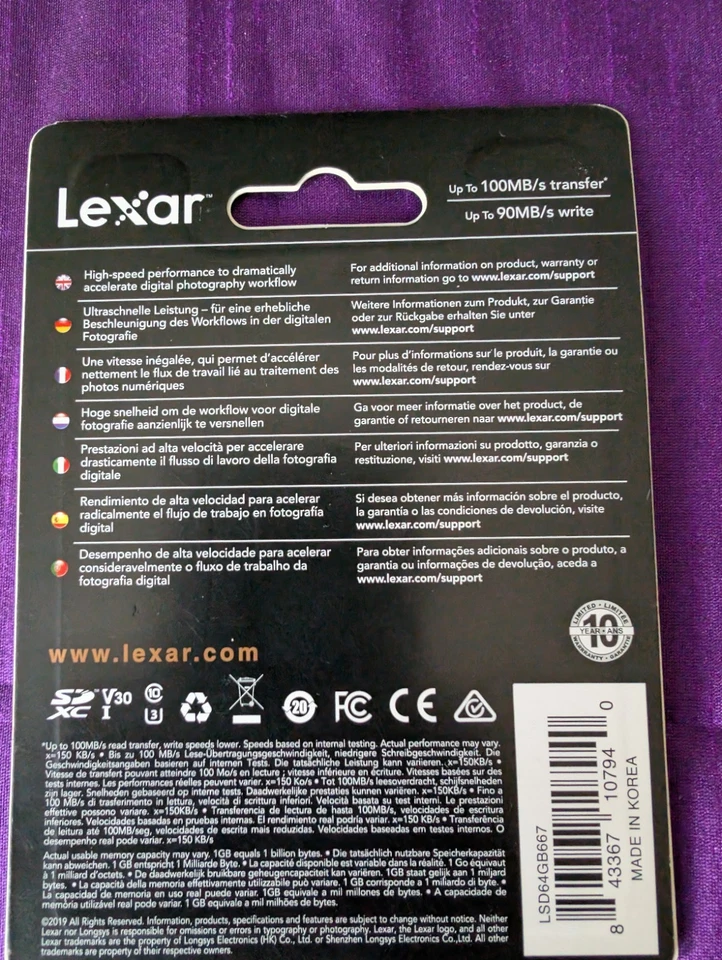 64GB Lexar Professional 100mb/s SDXC Memory Card 633x UHS-I Class 10 4K - Image 2 of 4