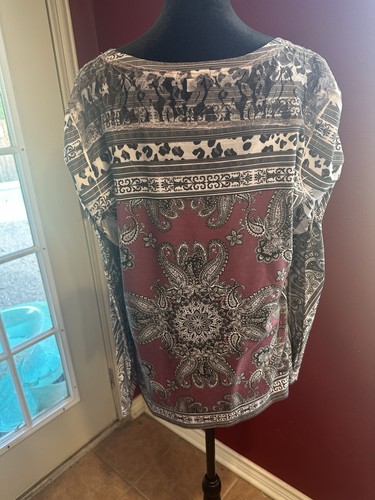 Top Cache XL bordeaux paisley stampa mista manica lunga stile boho made in USA - Foto 2 di 9