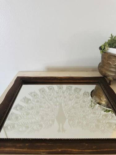 Specchio vintage inciso pavone incorniciato in cornice legno smerlato/specchio boho arte - Foto 2 di 12