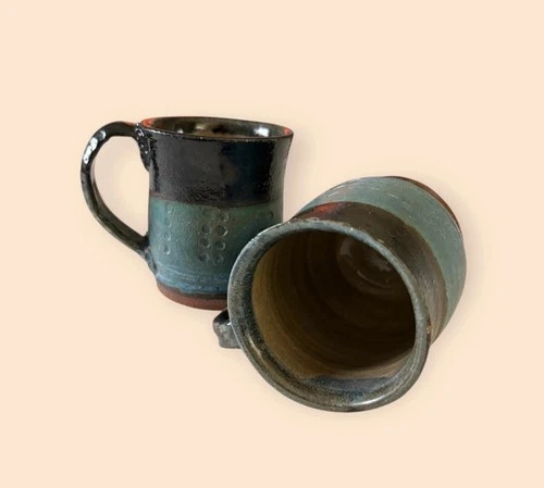 Set of “2”, Vtg.  Studio Pottery Mug, Signed “Y”, Glaze Stoneware, Green & Brown