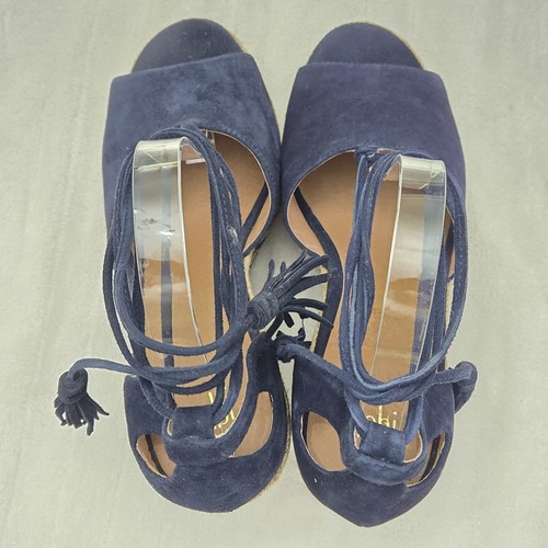 Cabi Isla Wedge Espadrille Sandals Navy Blue Ankle Tie Aztec Print 8M Nautical - Picture 9 of 11
