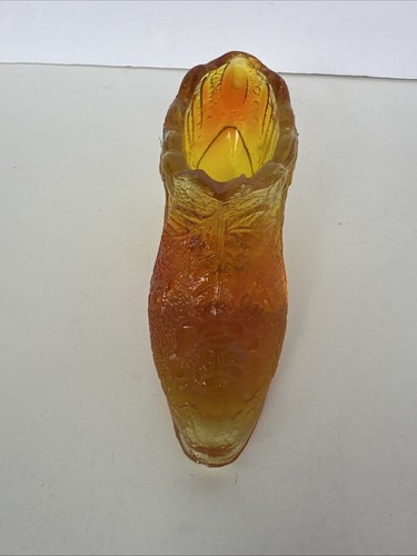 Amber Glass Embossed Cabbage Rose Slipper Shoe • Kanawha • USA • Vintage - Picture 6 of 8