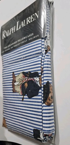 Ralph Lauren POLO TEDDY BEAR Blue Striped Pillowcases Pack of 2 USA New - Picture 5 of 9