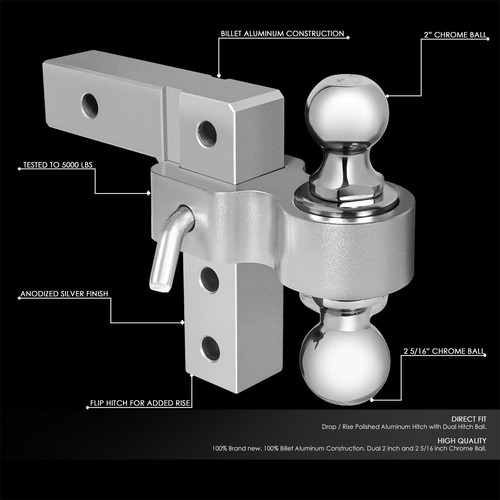 ALUMINUM 6"DROP/RAISE ADJUSTABLE DUAL BALL TRAILER TOW TOWING HITCH 2" RECEIVER - Foto 2 di 6