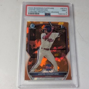 Justin Crawford 2023 Bowman Sapphire #BCP3 Orange Refractor 13/50 Phillies PSA 9