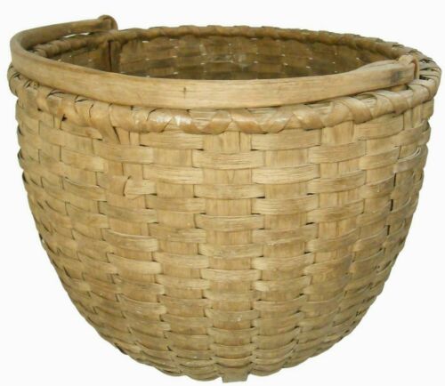 SCARCE 19TH C NEW ENGLAND ANTIQUE SPLNT ASH GTHRNG BASKET W/CRVD PIVOTING HANDLE - Picture 3 of 12