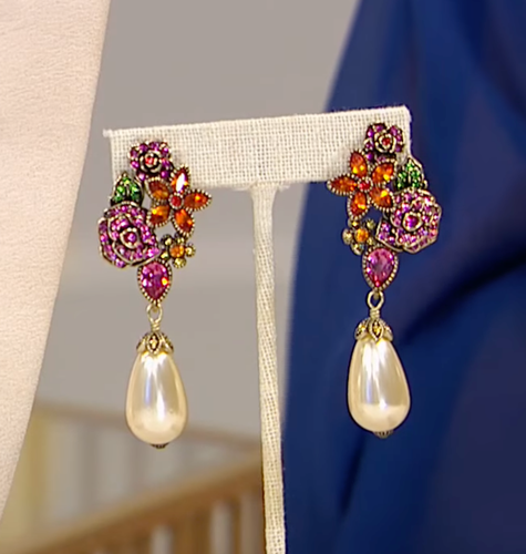 HEIDI DAUS "Endearing" Crystal & Faux Pearl Floral Drop Earrings - Omega - NWT - Picture 3 of 10