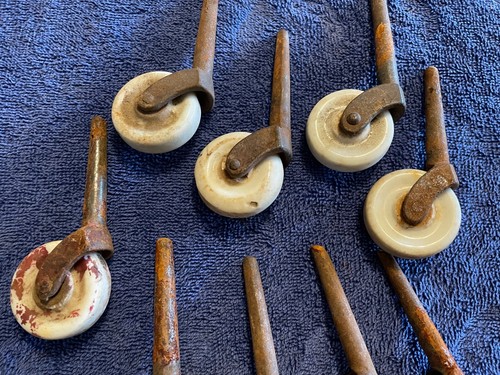 Lot of 9 - Antique White Porcelain Caster Wheel, 2-3/4" Iron Stems, 1-1/2" Wheel - Picture 3 of 7