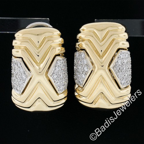 Roberto Casarin 18K TT Gold 0.60ctw Pave Set Diamond Wide Grooved Cuff Earrings - Picture 2 of 6