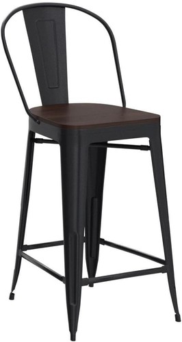 Set of 4 Sturdy 30-Inch Metal Bar Stools with Large Wood Seats - Matte Black - Picture 6 of 12