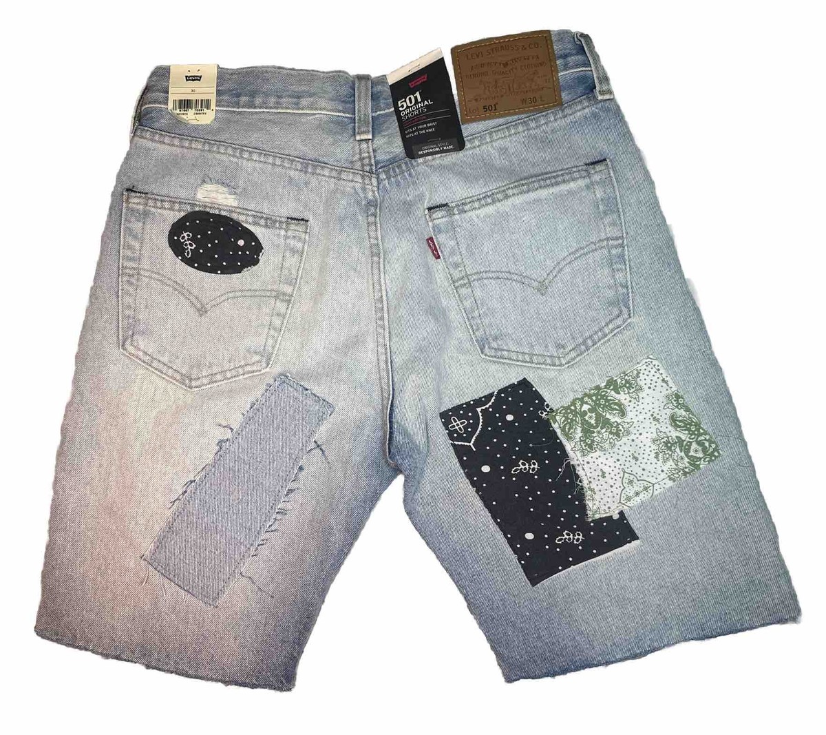 Levi's 501 Original Patchwork Shorts Denim Jeans Bandana Peace