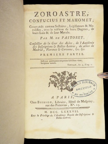1787 Zoroastrianism 1ed Zoroaster Confucius & Mahomet ISLAM Pastoret China 3v - Picture 6 of 24