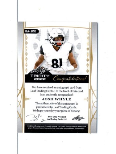 2022 Leaf Trinity Autograph #BA-JW1 Josh Whyle RC Rookie AUTO 6/99 Titans - Picture 2 of 2