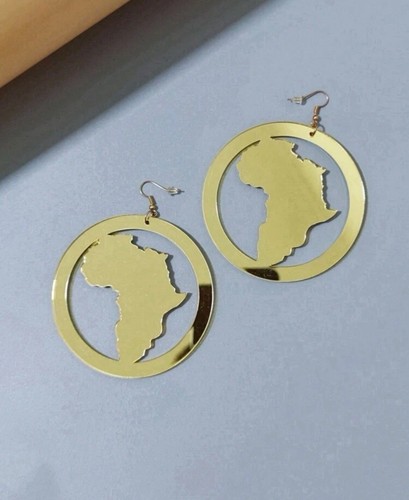 Round Oversized Acrylic Gold Mirror Africa Map Earrings - Picture 2 of 5