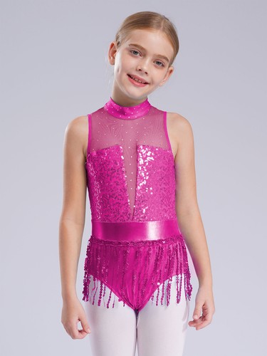 Girls Unitard Fringed Dress Up Tango Bodysuit Patchwork Rompers Sequin Leotard - Bild 34 von 58