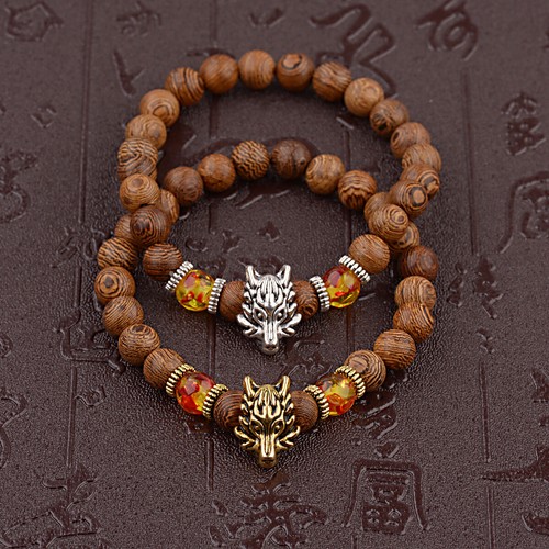 8/10MM Natural Stone Beaded Bracelet Wooden Stone Gold Silver Dragon Bangle Men - Picture 2 of 51
