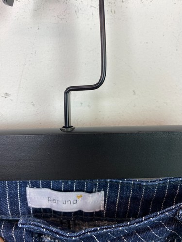 Per Una Navy Pinstripe Denim Skirt Button Front Stretch Cotton Casual UK 14 - Picture 7 of 9