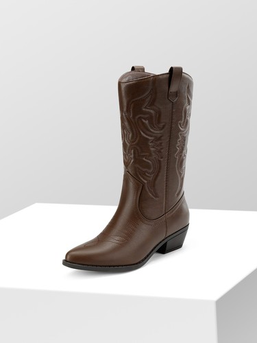 Women Western Boots Pull On Mid Calf Classic Cowboy Cowgirls Wedge Heel Boots - Picture 8 of 15