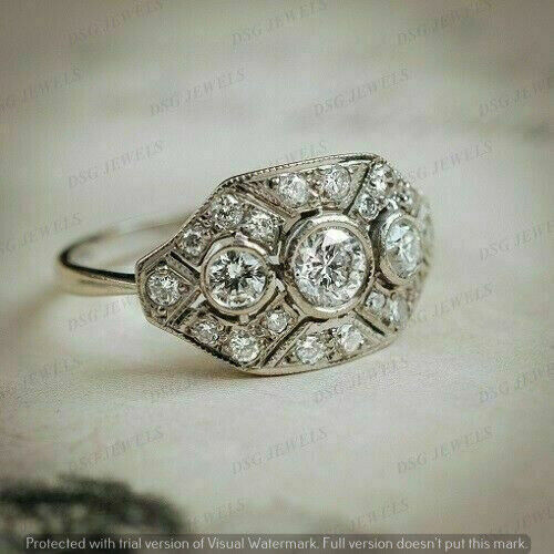 Real 925 Sterling Silver 2.0Ct Bezel Moissanite Art Deco Vintage Engagement Ring